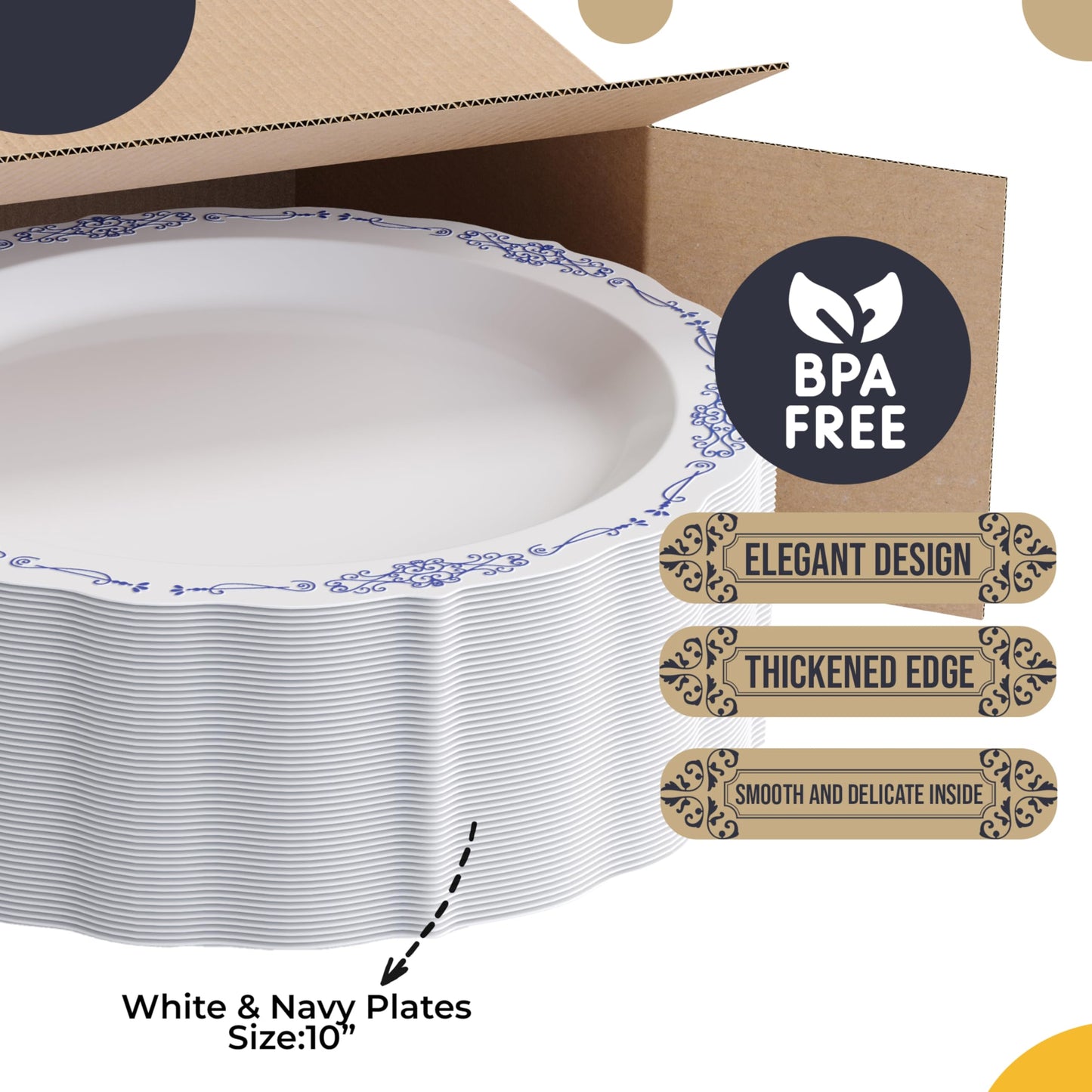 Exquisite Victorian 60-Piece Disposable Party Plates - 60 x 10 inch Dessert Plates, Heavy Duty White & Navy