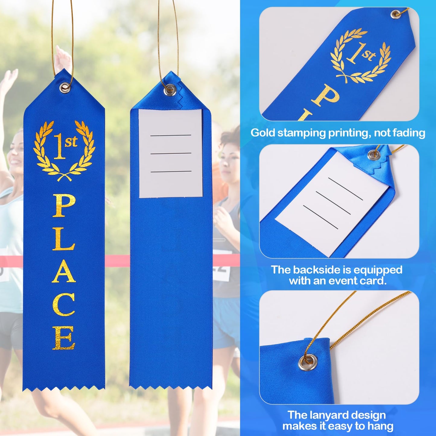 180PCS Award Ribbons, Medal Ribbons for 1st, 2nd, 3rd Place, Event Card & Rope Included, Perfect for Competitions, Sports Events, School Challenges, Vibrant Blue, Red, and White