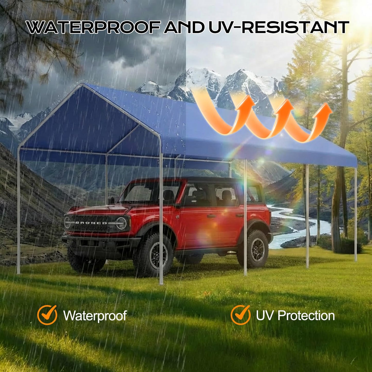 COWVIE 3 x 6m Carport Canopy Replacement Cover, with 46Pcs Long Ball Bungees, Waterproof Garage Top Tent Shelter Tarp, Only Top Cover