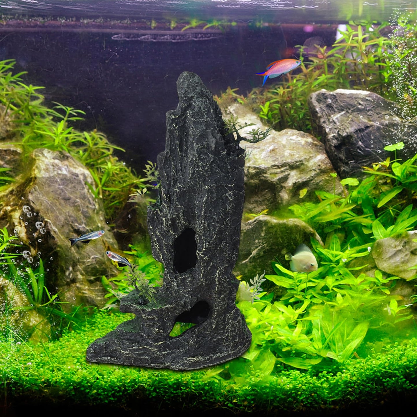 Mairuker Tall Aquarium Decor 14.4inch, Cool Large Fish Tank Decorations Accessories, Resin Mountain View Aquarium Ornament with Tree Hideout Cave, for Fish Shrimp Guppy Play Rest