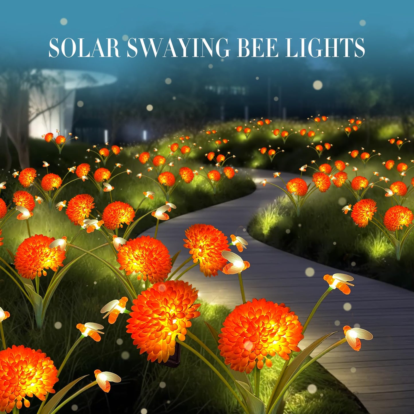 MRHEPHAESTUS Solar Garden Lights, 4 Pack Solar Swaying Bee Lights with Flowers, Warm White, FloralBee Theme, Decoration