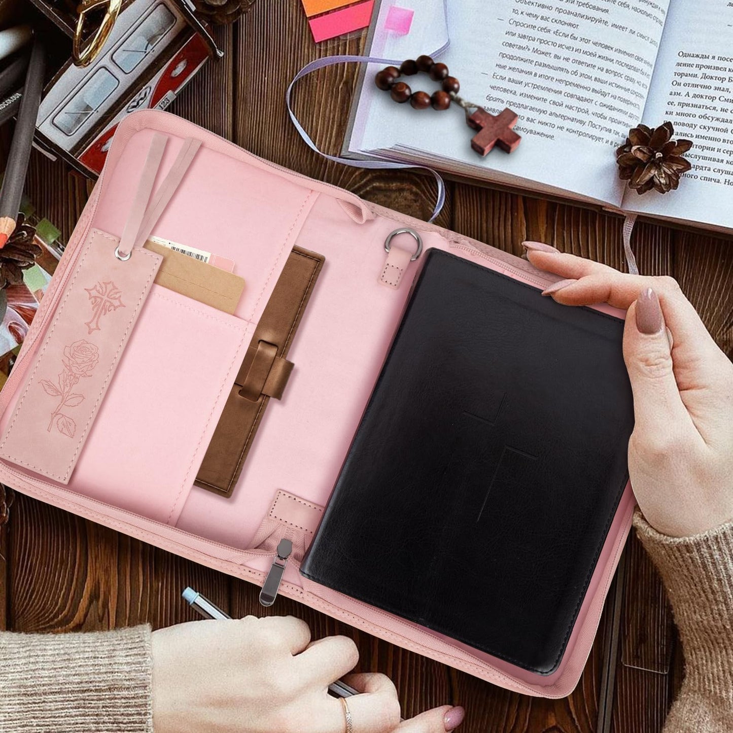 CITYCHASE Bible Cover for Women - Leather Study Case with Bookmark, Supplies Carrying Bag Tote with Strap, Personalized Book Organizer for Journaling - Pink