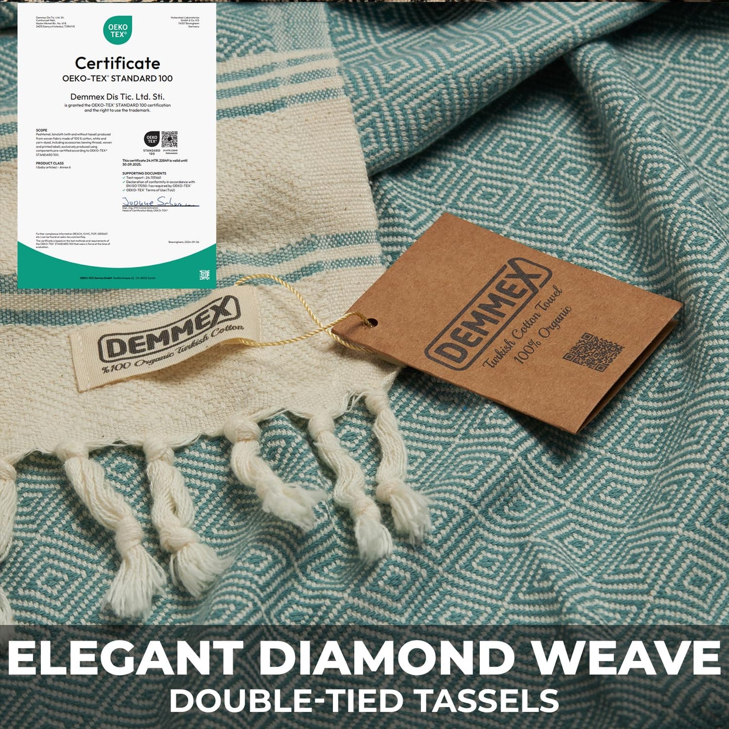 DEMMEX Organic Diamond Turkish Bath & Beach Towel | 100% Oeko-TEX Certified Turkish Cotton, Ultra-Soft, Quick-Dry, Lightweight & Oversized Luxury Peshtemal Towel, Prewashed, 180x90cm, Denim Blue