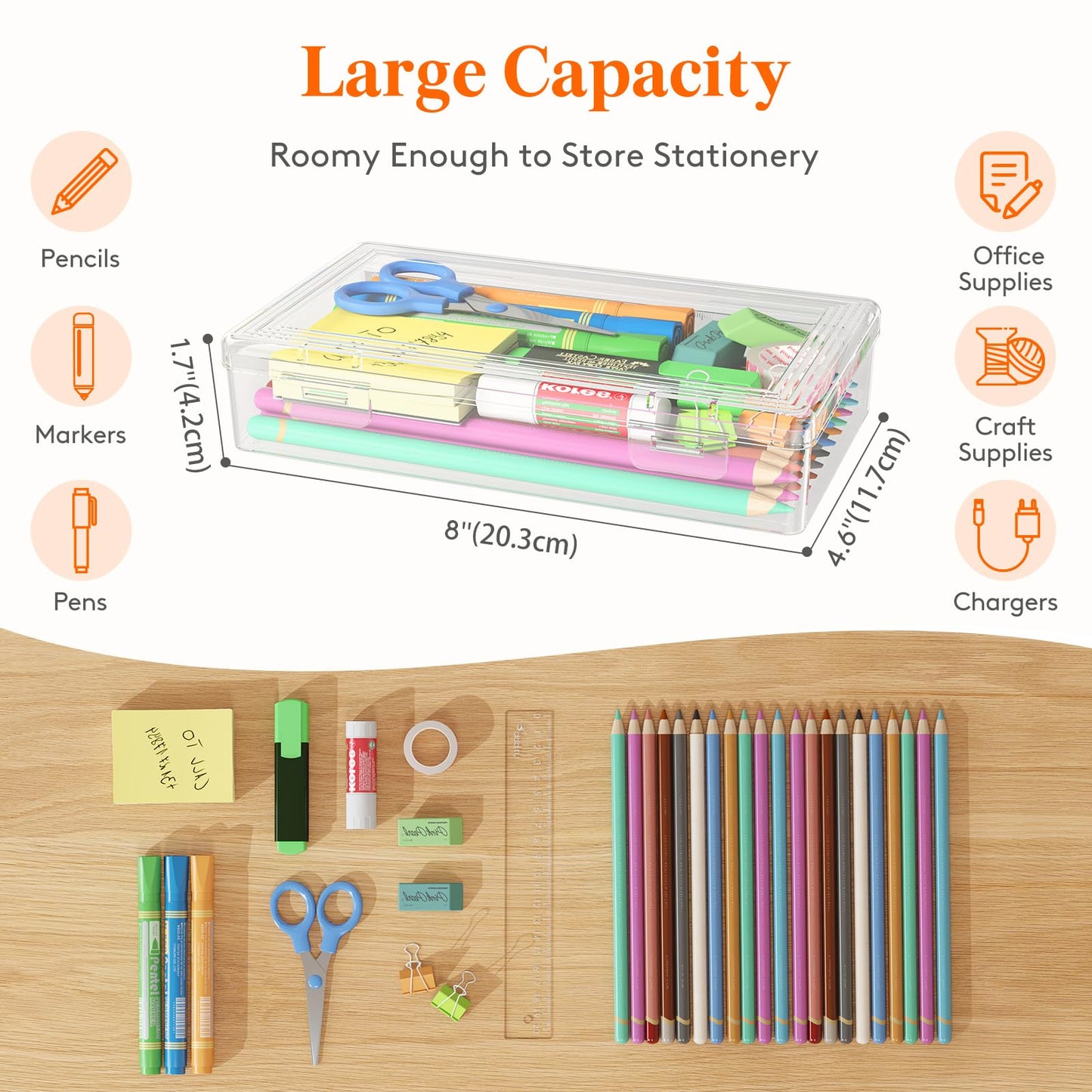 Lifewit Plastic Pencil Box with Snap-tight Lid, Large Capacity Hard Pencil Case Containers, Stackable Craft Pen Holder Clear Desk Drawer organizer and Storage for Art Supply, Office, 10 Pack