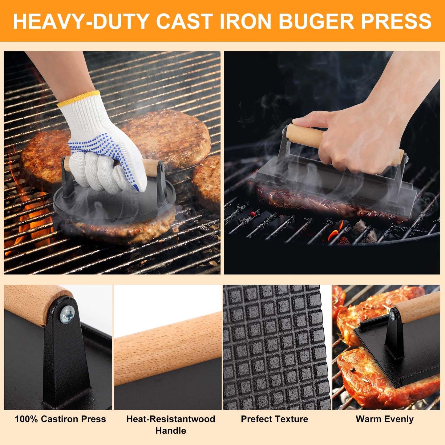 9PCS Smash Burger Press Kit - Burger Mold,50 Patty Papers,2PCS Cast Iron Burger Presses,Sauce Brushes,Grill Spatula,Spice Shaker,Egg Rings,Gloves - Non Stick Burger Press Set for Grill and Griddle