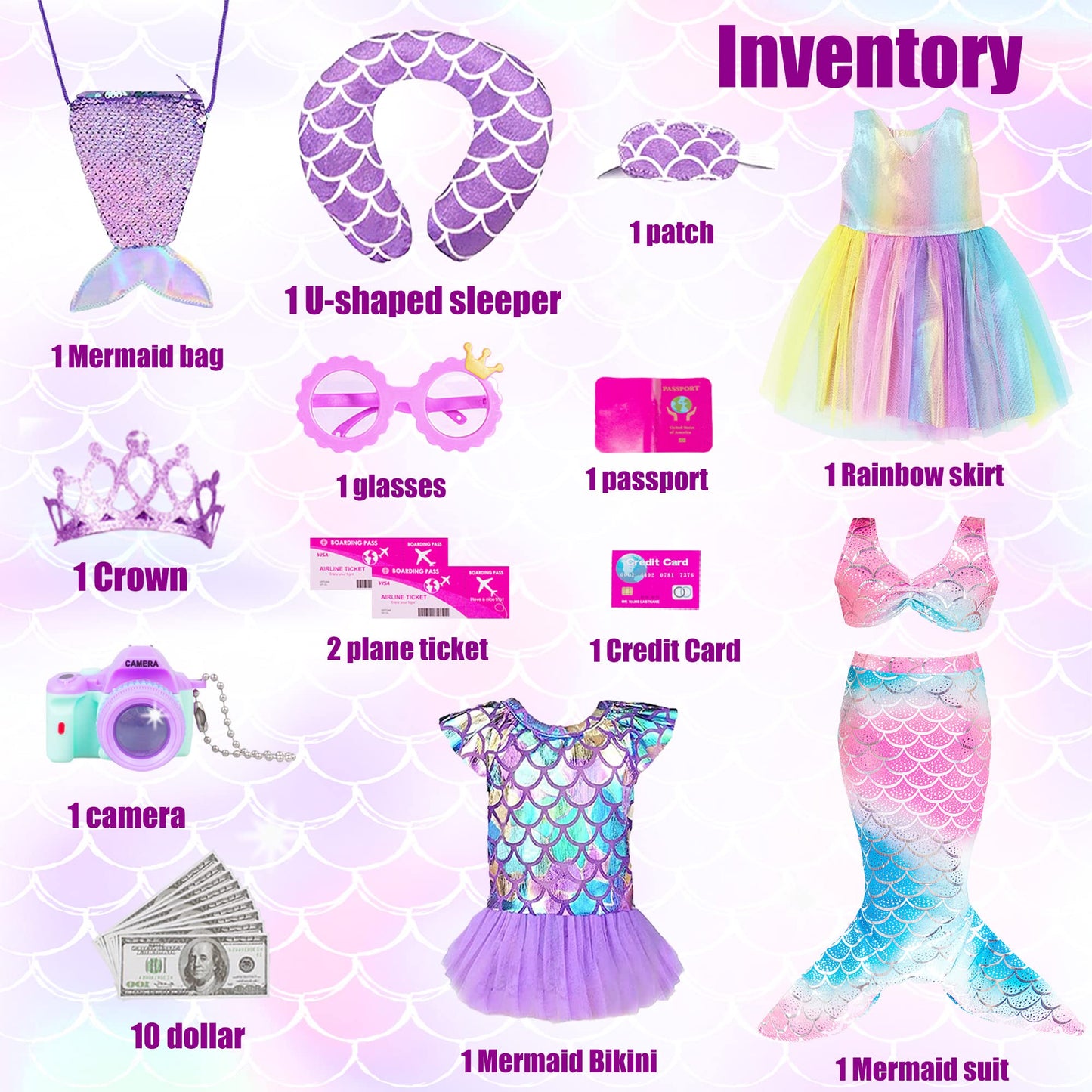 ebuddy 18 Inch Doll Clothes and Travel Accessories Set - Mermaid Themed Play Set for 18" Dolls, Includes Mermaid Tail, Dresses, Suitcase, Camera & More (Doll Not Included)