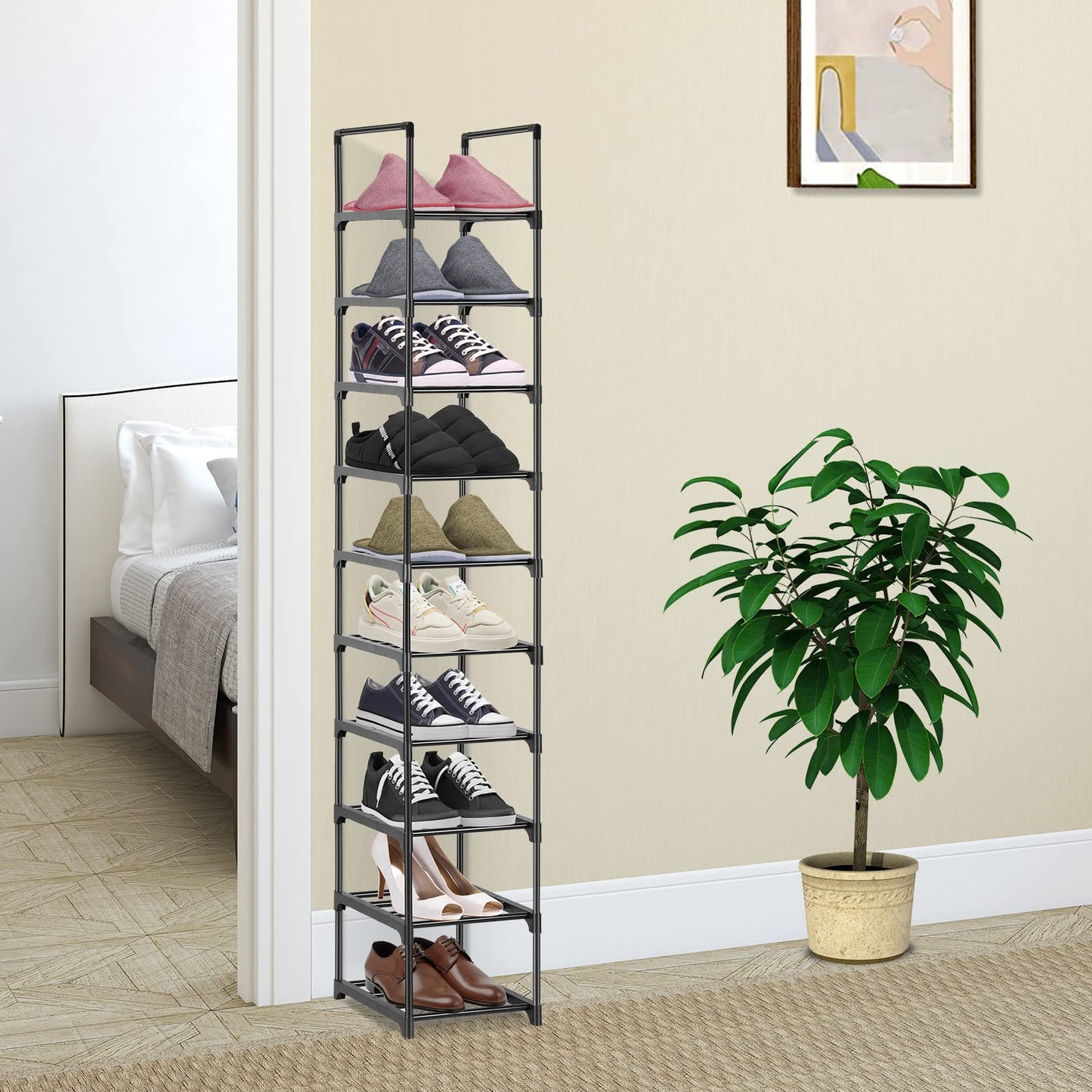 Pitmoly 10-Tier Shoe Rack, Shoe Storage Organizer, Small Narrow Shoe Shelf for Closet, Entryway, Metal Tall Shoe Stand for 10 Pairs of Shoes (Black)