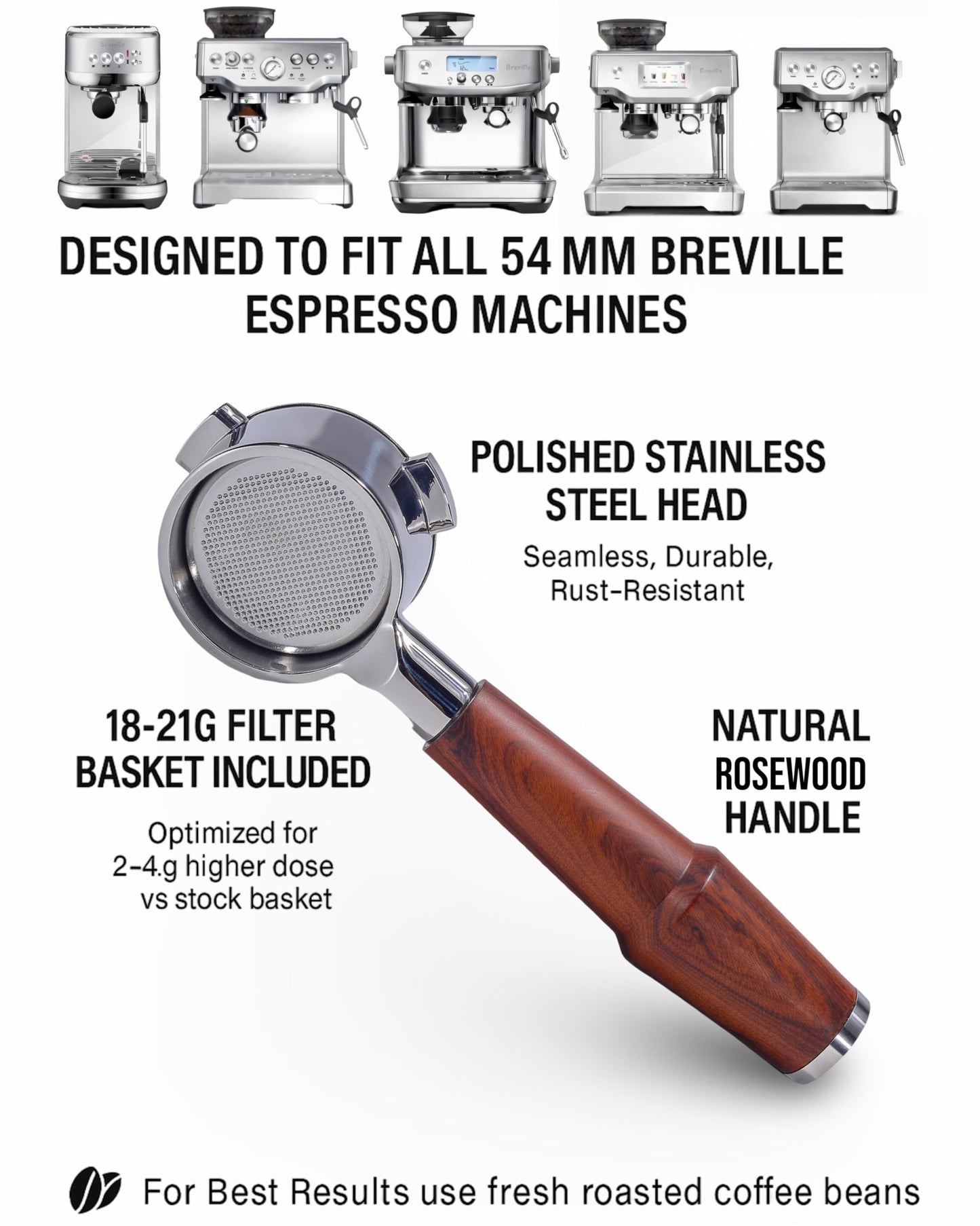 KNODOS 54mm Bottomless Portafilter Breville Compatible Rosewood Handle & Naked 18-21 Gram Filter Basket Included Fits Barista Express, Pro, Touch, Bambino Plus, Infuser, Duo Temp Pro Impress