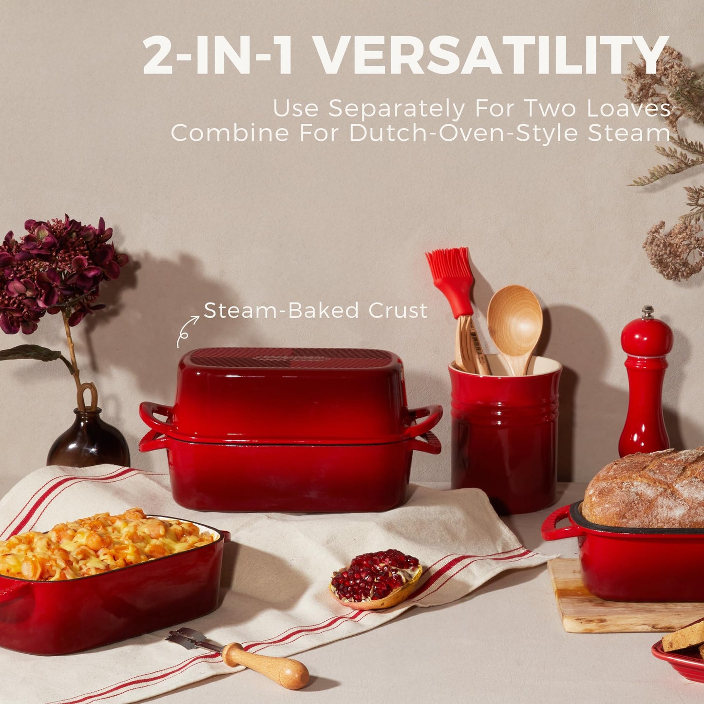HONGBAKE Everline Collection 2 in 1 Enameled Cast Iron Loaf Pan with Lid, 9x5 Bread Pans for Baking Homemade Sourdough, Non-Toxic Large Loaf Tins, Even Heating Bread Dutch Oven, Red
