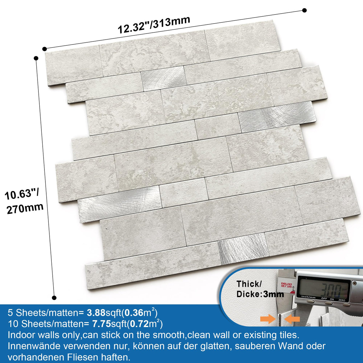 M MOFIT Backsplash Tile for Kitchen Peel and Stick Stone Matte Finish,Bathroom Tiles Stickers 3D Wall Panel Linear Mosaic Marble Backsplash Waterproof(10sheets,Cement Grey)