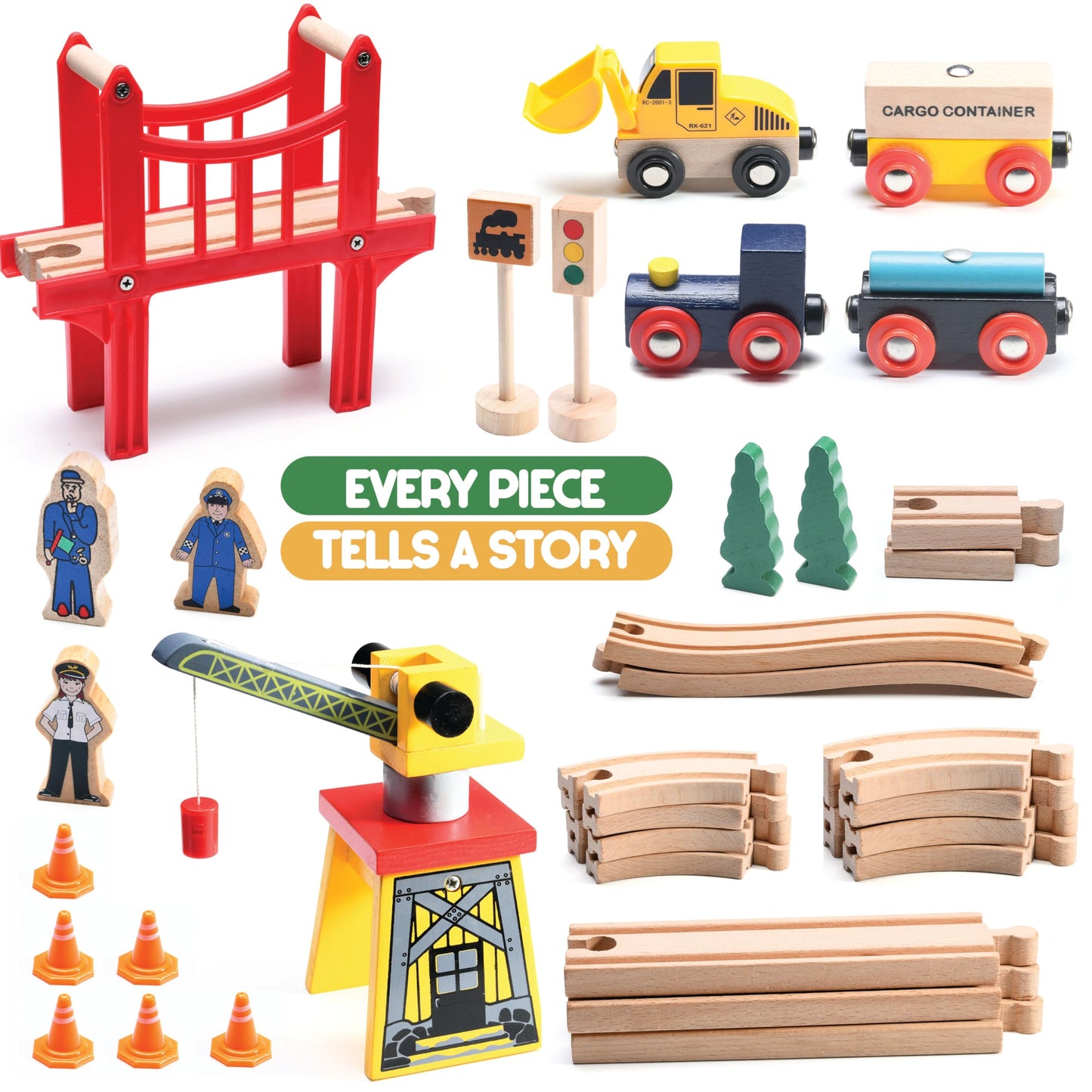 Wooden Train Set Toddler Toys - 38 Pcs Wood Train Track Set for Toddlers 3-4 Years with Crane, Bridge & Accessories - Compatible with All Major Brands