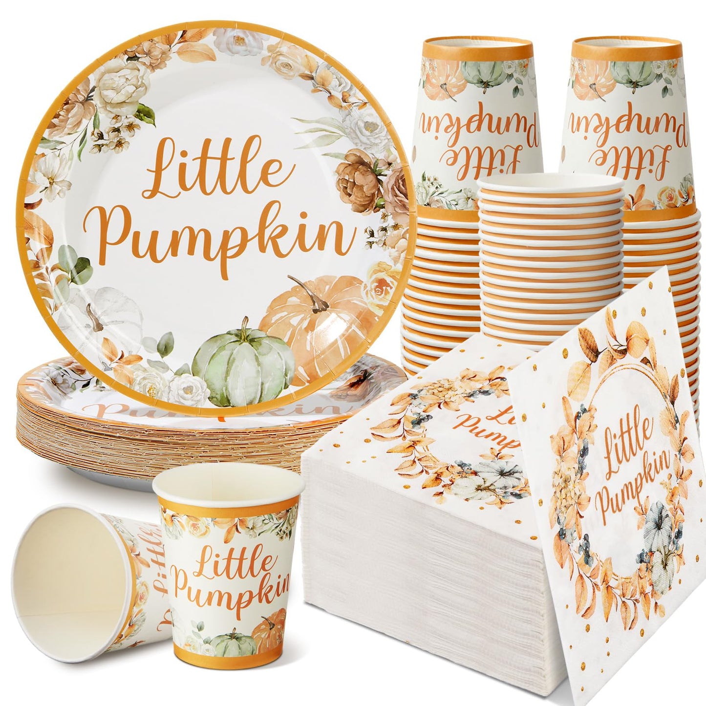 150 Pcs Little Pumpkin Baby Shower Party Decoration Set Serves 50 Fall Disposable Dinnerware Set Dinner Dessert Plates Cups Napkins Autumn Farm Tableware Thanksgiving Party Supplies