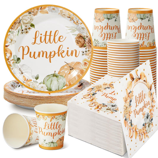 150 Pcs Little Pumpkin Baby Shower Party Decoration Set Serves 50 Fall Disposable Dinnerware Set Dinner Dessert Plates Cups Napkins Autumn Farm Tableware Thanksgiving Party Supplies