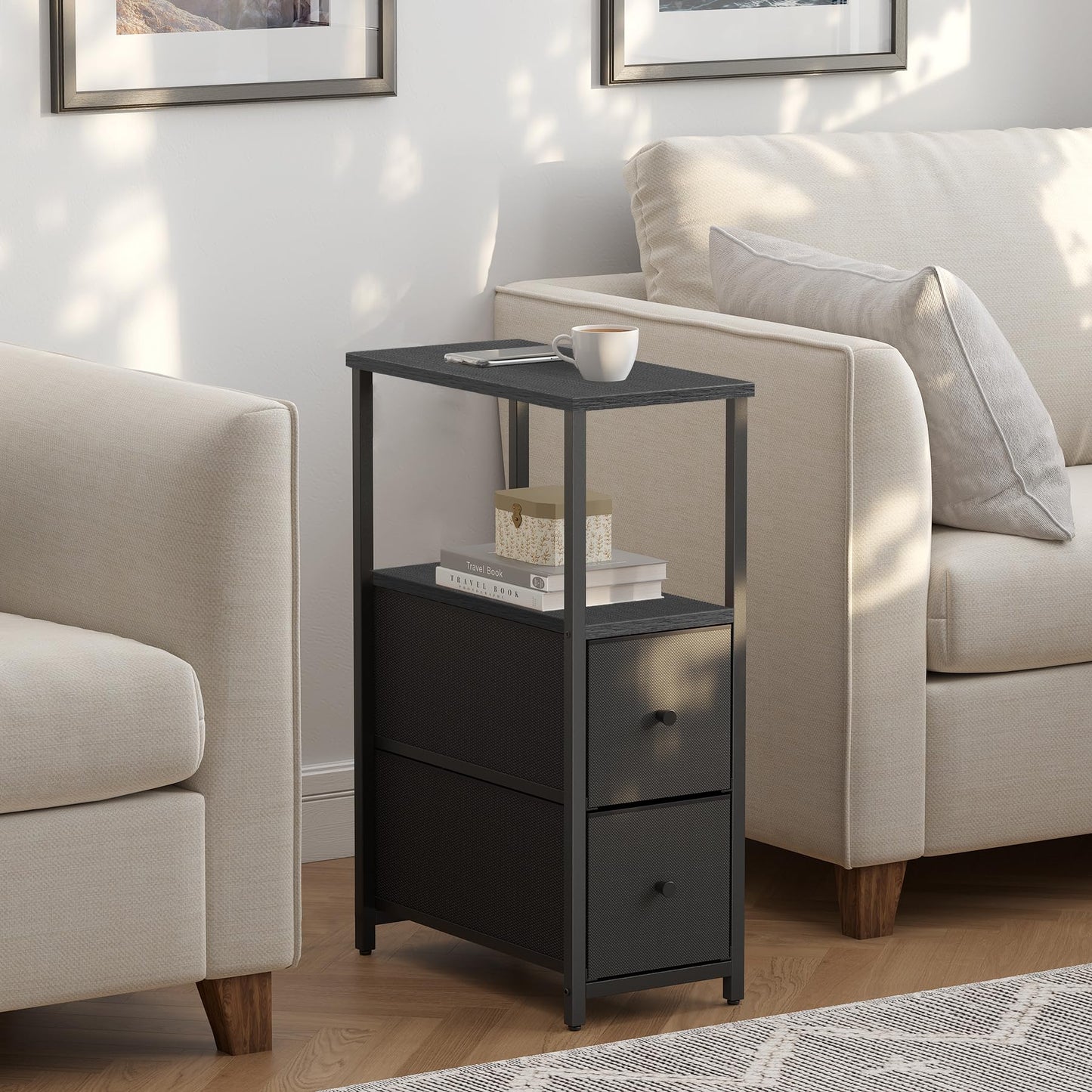 TUTOTAK Small Narrow End Table, Set of 2, Side Table, Nightstand with 2 Cloth Drawers, Couch Table, for Living Room, Bedroom, Bedside, Black TB01BK054CA