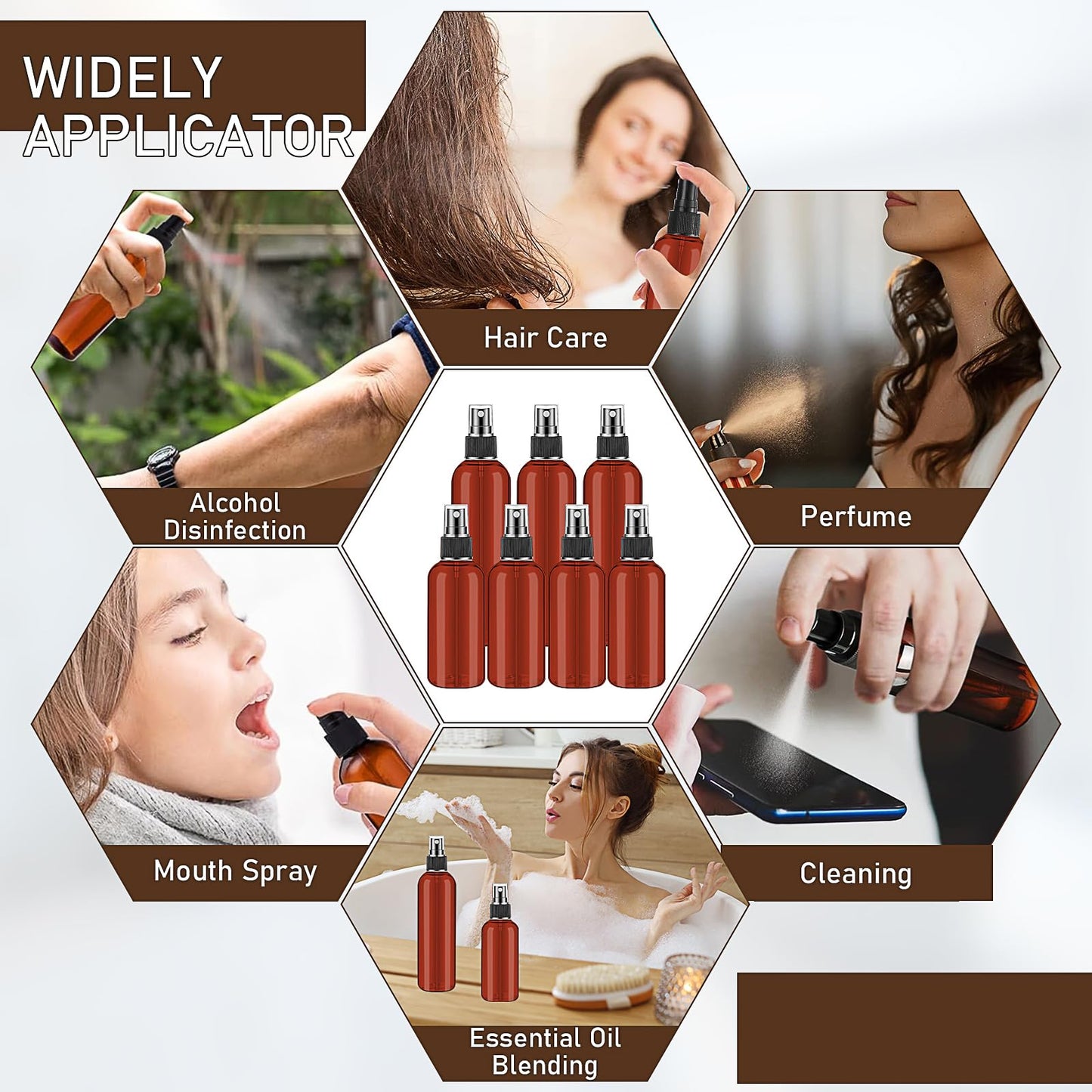 100 Pack Amber Small Spray Bottles, Plastic Fine Mist Cosmetic Spray Bottles, Refillable Liquid Containers for Essential Oils, Perfumes, Cleaning (50Pcs 2oz/ 50Pcs 4oz)