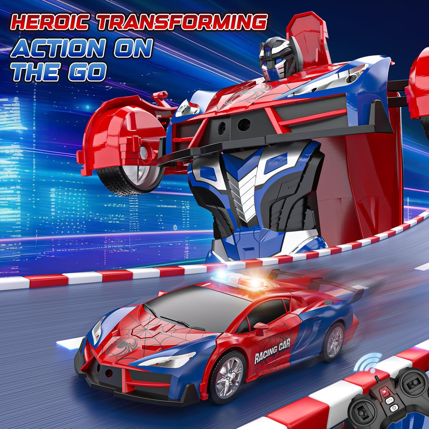 Spider Transform Remote Control Cars for Kids - 2.4GHz RC Police Car for 3 4 5 6 7 8 Year Old Boys, 1:18 Scale Robot Toy Car with One-Key Transformation & 360° Rotation, Kids Christmas Birthday Gifts