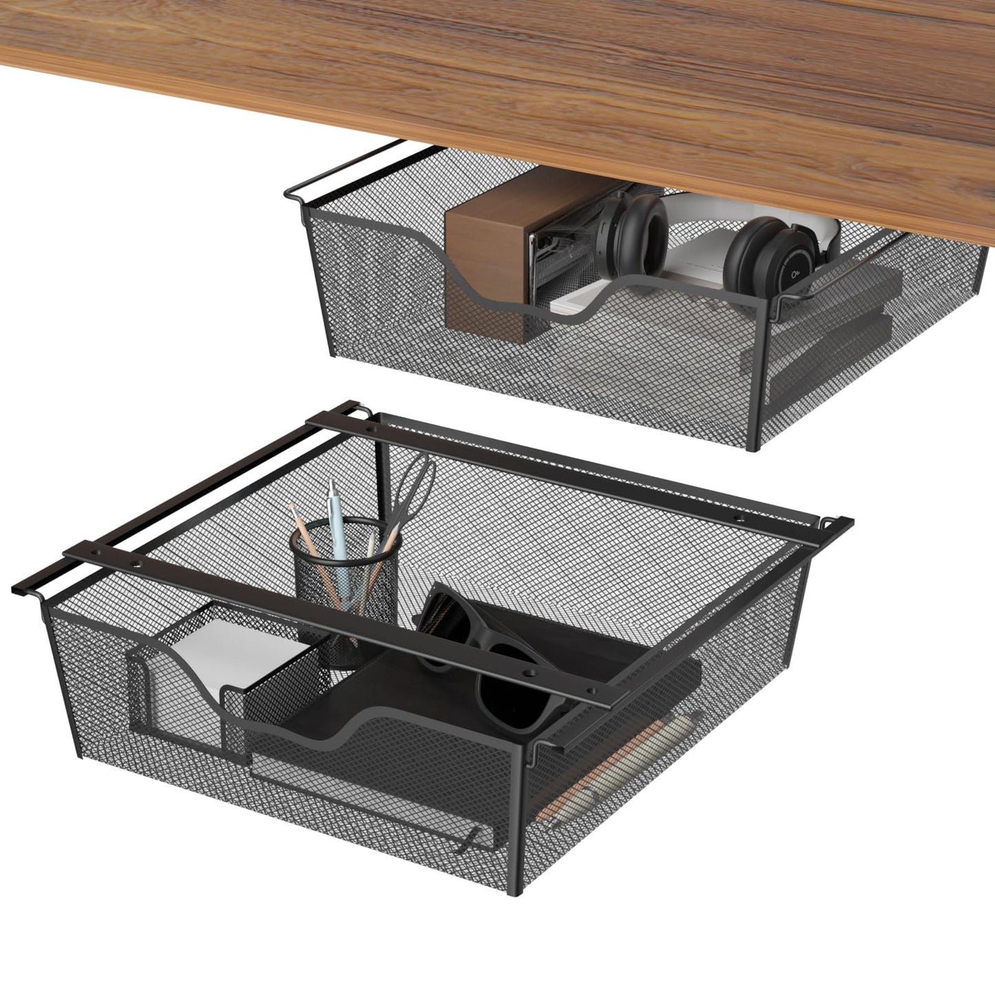 Under Desk Drawer Organizer No Drilling 2 Pack Under Table Storage Drawers Slide Out Mesh Metal Under Desk Hidden Adhesive Drawer for Office Kitchen