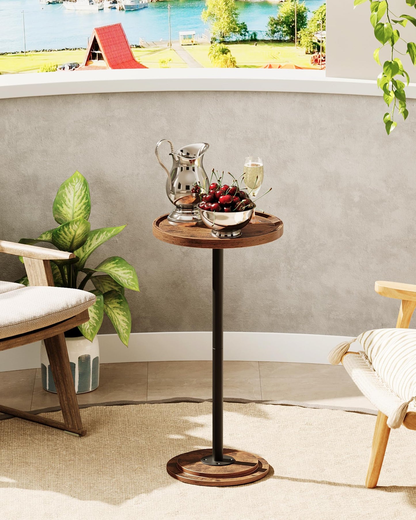 CHOEZON Small Round Side Table, Drink Table, Pedestal Table for Small Spaces, Martini Table, Thickened Base, Living Room, Bedroom, Office, Rustic Brown and Black TBZ30BF