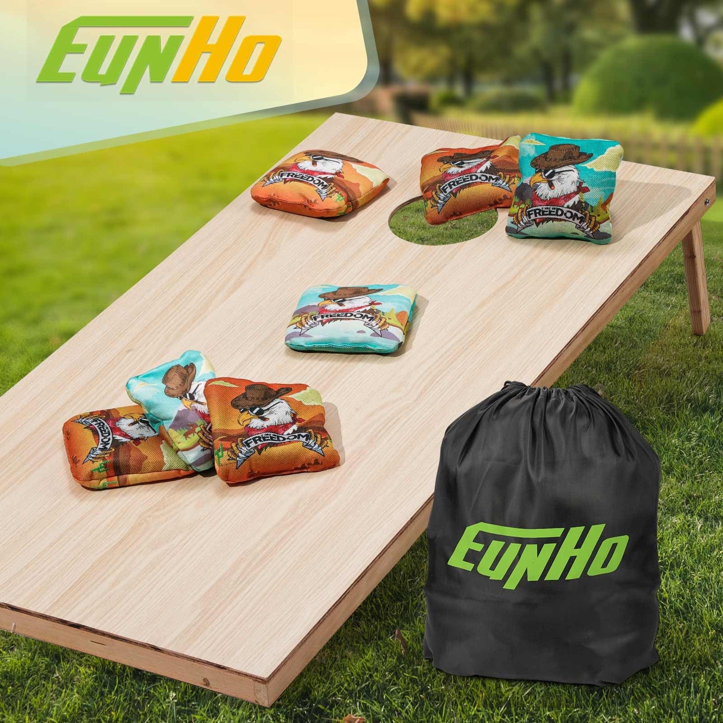 EunHo Cornhole Bags Regulation Dual Sided Set of 8, Non-Dusty Cornhole Bean Bags Slick & Sticky Side Bags with Carry Bag (Cow/Eagle)