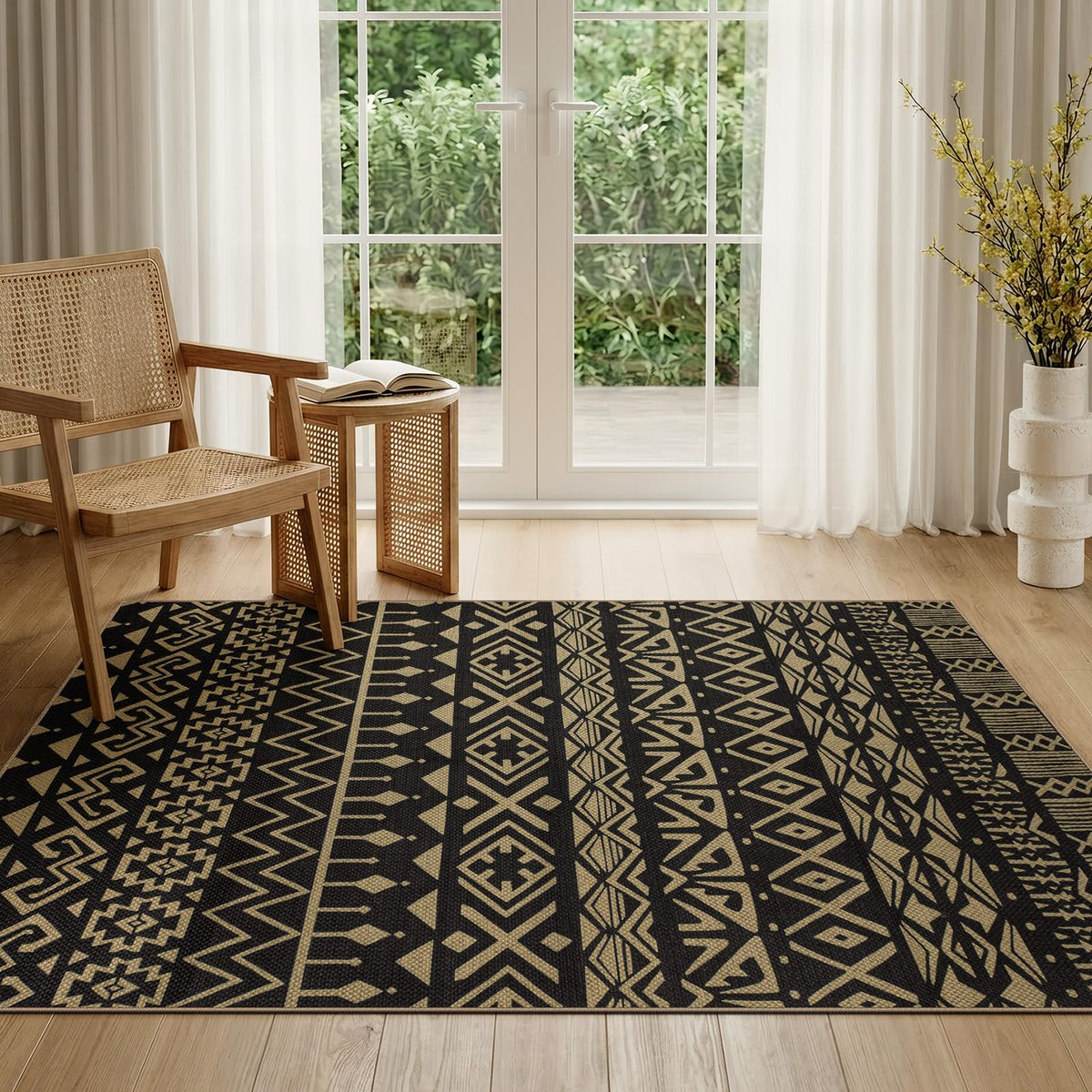 Outdoor Rug 3x5, Washable Non Slip Easy Jute Rug, Black Tribal Stripe Totem Indoor Outdoor Carpet for Outside Entryway, Patio, Balcony, Deck and Backyard,Tapis Exterieur