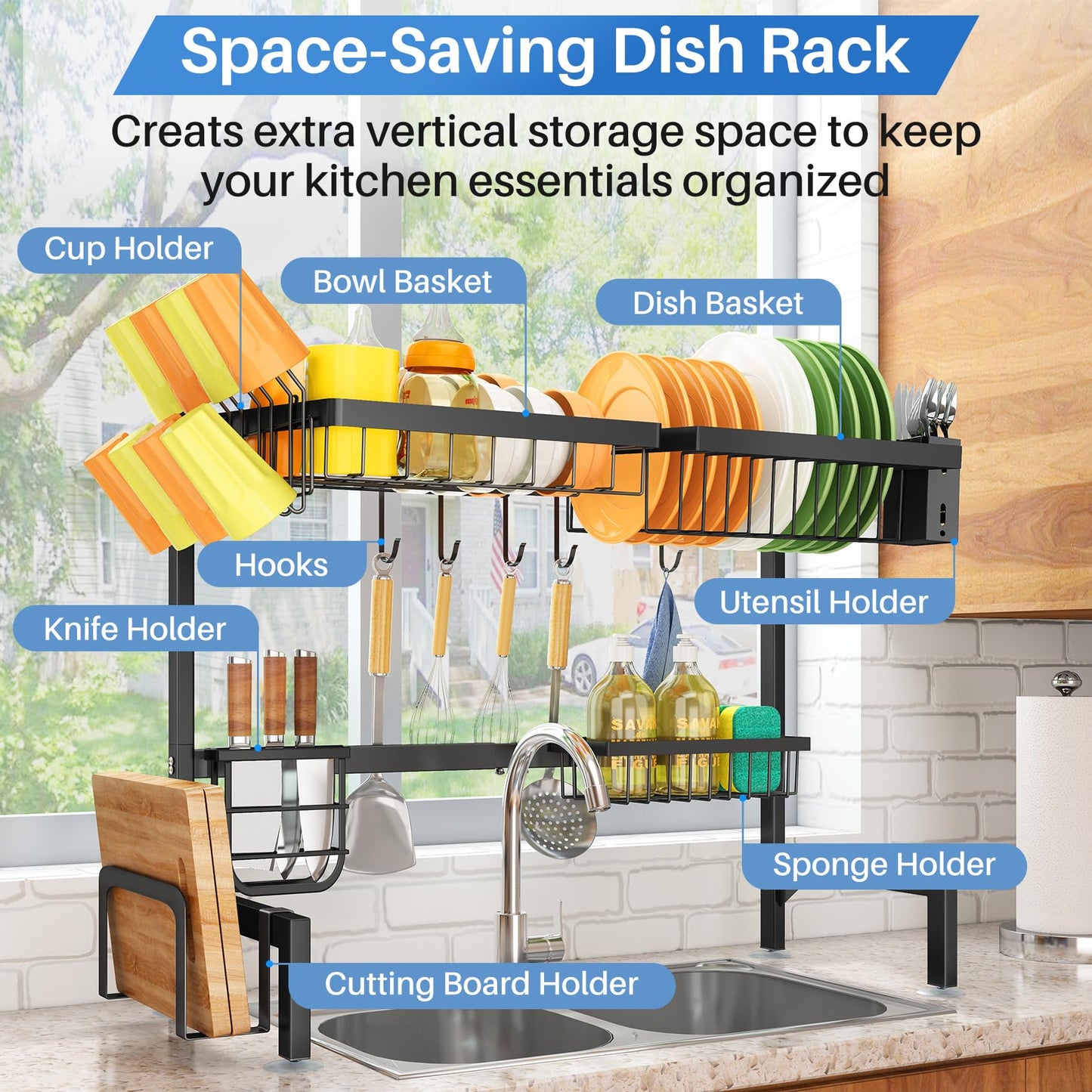 Over The Sink Dish Drying Rack, Adjustable (26.8" to 34.6") Large Dish Drying Rack for Kitchen Counter with Multiple Baskets Utensil Sponge Holder Sink Caddy, 2 Tier Black