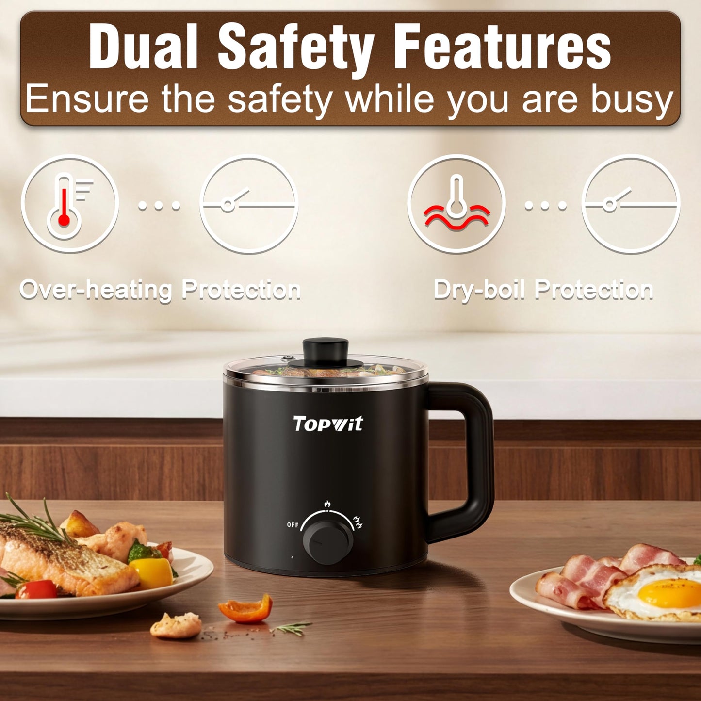 TOPWIT Hot Pot Electric, 1.6L Ramen Cooker, Multifunctional Electric Cooker for Pasta, Shabu-Shabu, Oatmeal, Soup and Egg with Over-Heating Protection, Boil Dry Protection, Black
