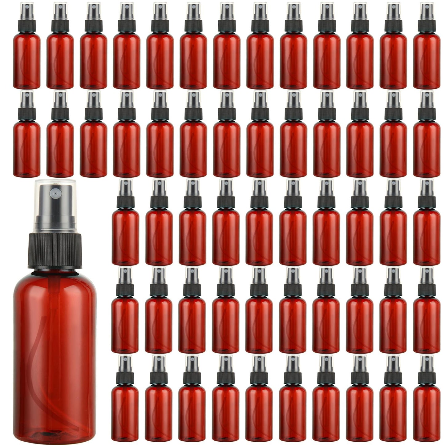 2oz Small Spray Bottle, 60 Pcs Amber Plastic Spray Bottles Fine Mist Mini Spray Bottles Refillable Liquid Containers with Labels and 5 Funnel for Travel, Hair, Perfumes, Plants(60ml)