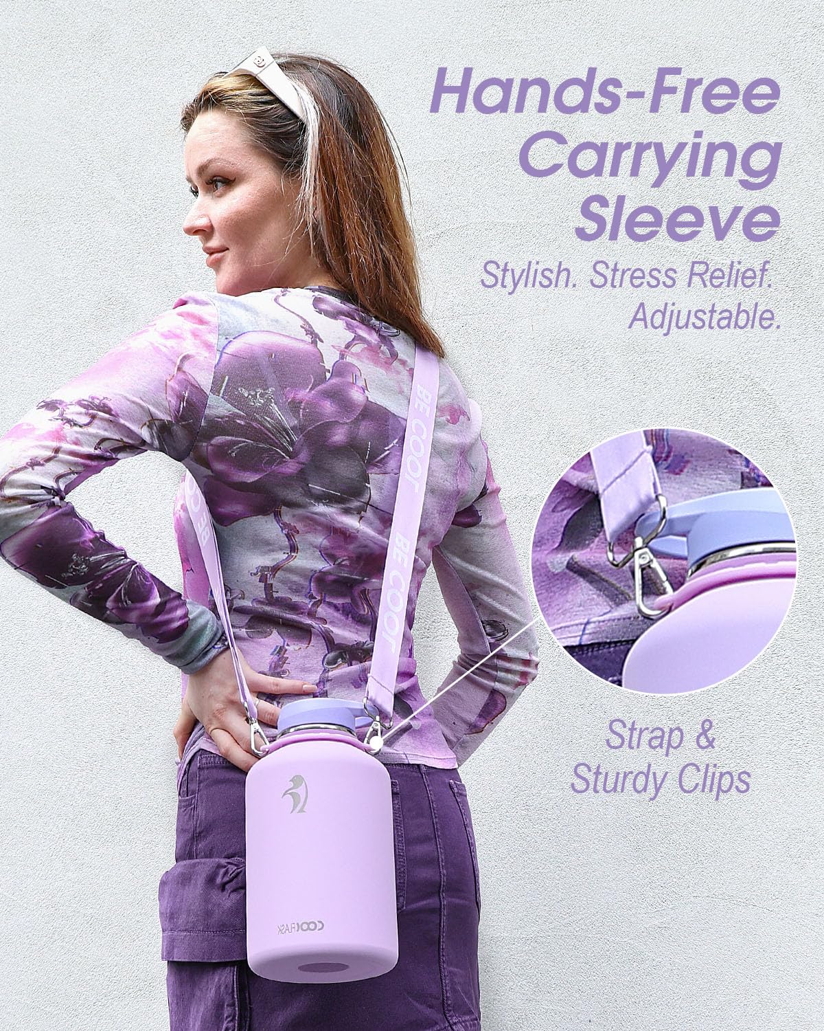 Coolflask Half Gallon Water Bottle with Strap, 64oz Insulated Water Jug Stainless Steel with Straw & Spout Lids, Metal Large Water Flask, Keep Cold 48h Hot 24h, Leak Proof & Non-BPA, Lavender