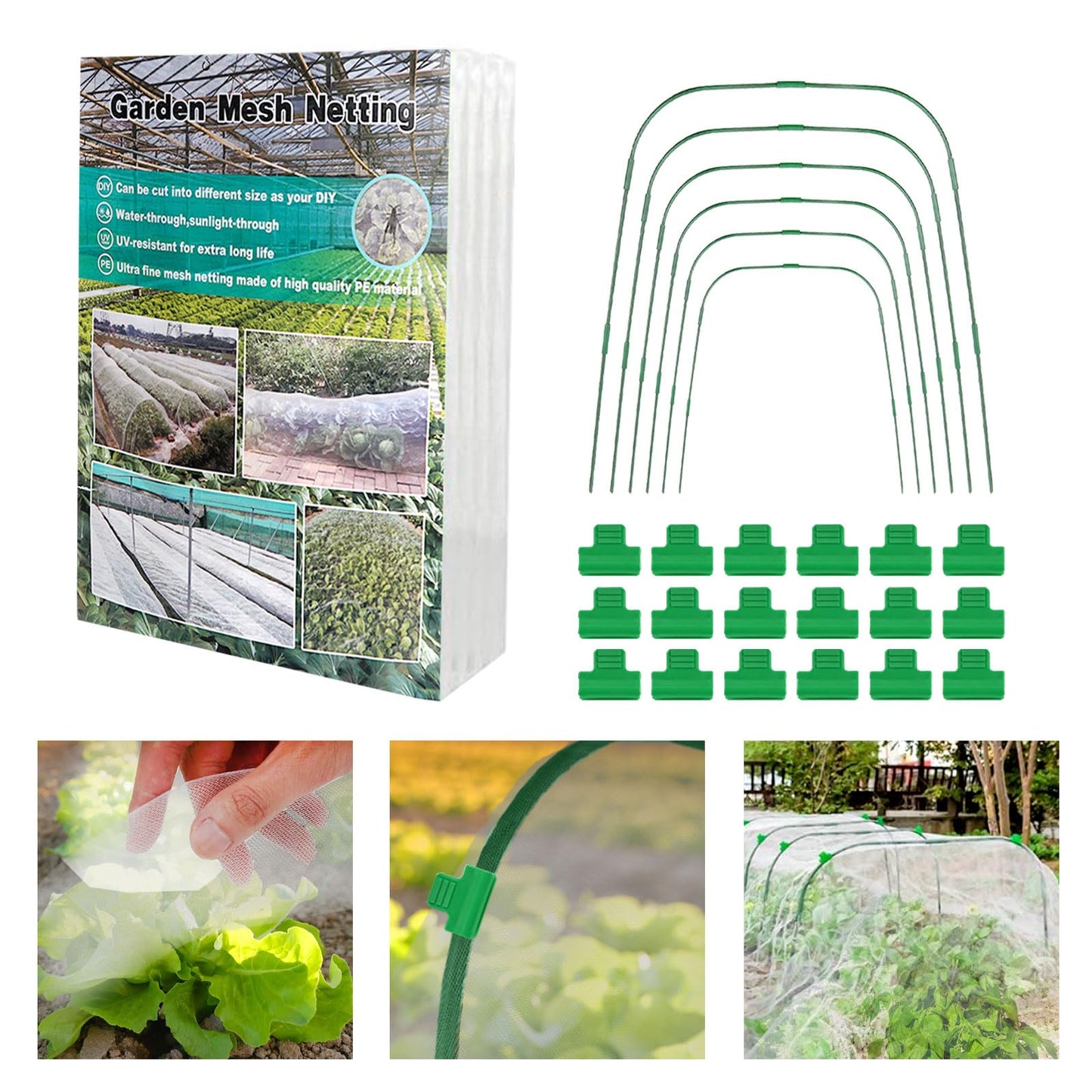 8 X 26 FT Garden Mesh Netting Kit, 6PC Garden Hoops for Row Cover, Garden Netting Kit for Raised Beds Outdoor, Garden Netting Mesh Hoop Grow Tunnel for Courtyard & Vegetable Garden