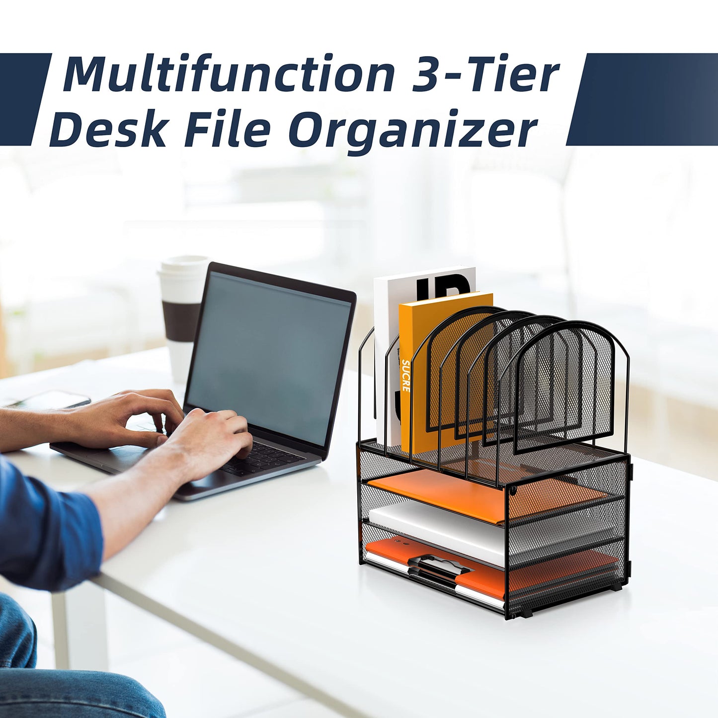 DALTACK 3-Tier Mesh Desk File Organizer, Stackable Letter Tray with 5 Vertical File Holders, Multifunction Desktop Organizer for Home Office Supplies, Grey Black