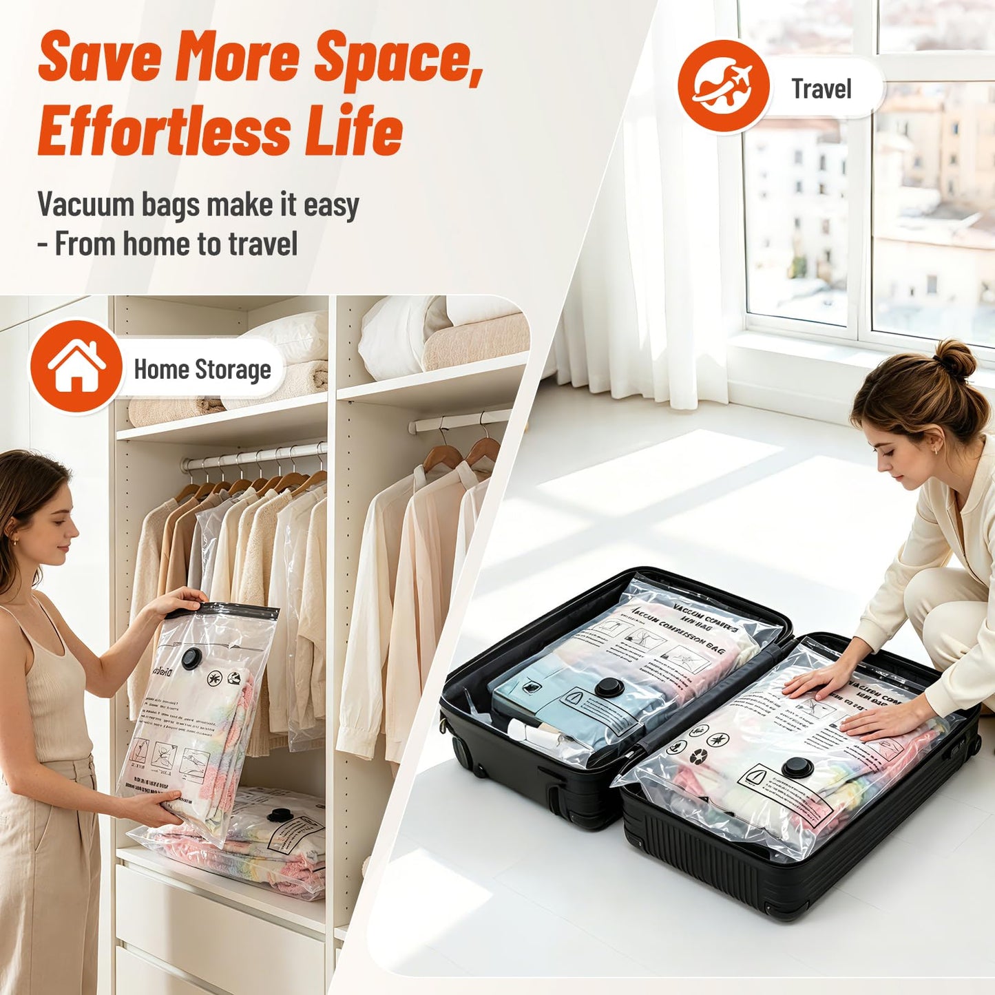 Vacuum Seal Bags for Clothing Travel and Home Storage, Travel Vacuum Bags with Wireless Electric Pump, Space Saver Compression Packing Cubes for Luggage Suitcase Bedding Blankets Clothes, 12 Pack