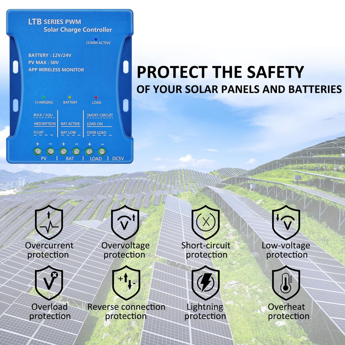 20A Bluetooth Solar Charge Controller 12V/24V Auto Matching Controller with APP Remote Monitor Intelligent PWM Solar Panel Regulator for Sealed, Gel, Flooded, LiFePO4, Lithium Batteries 7 Load Modes