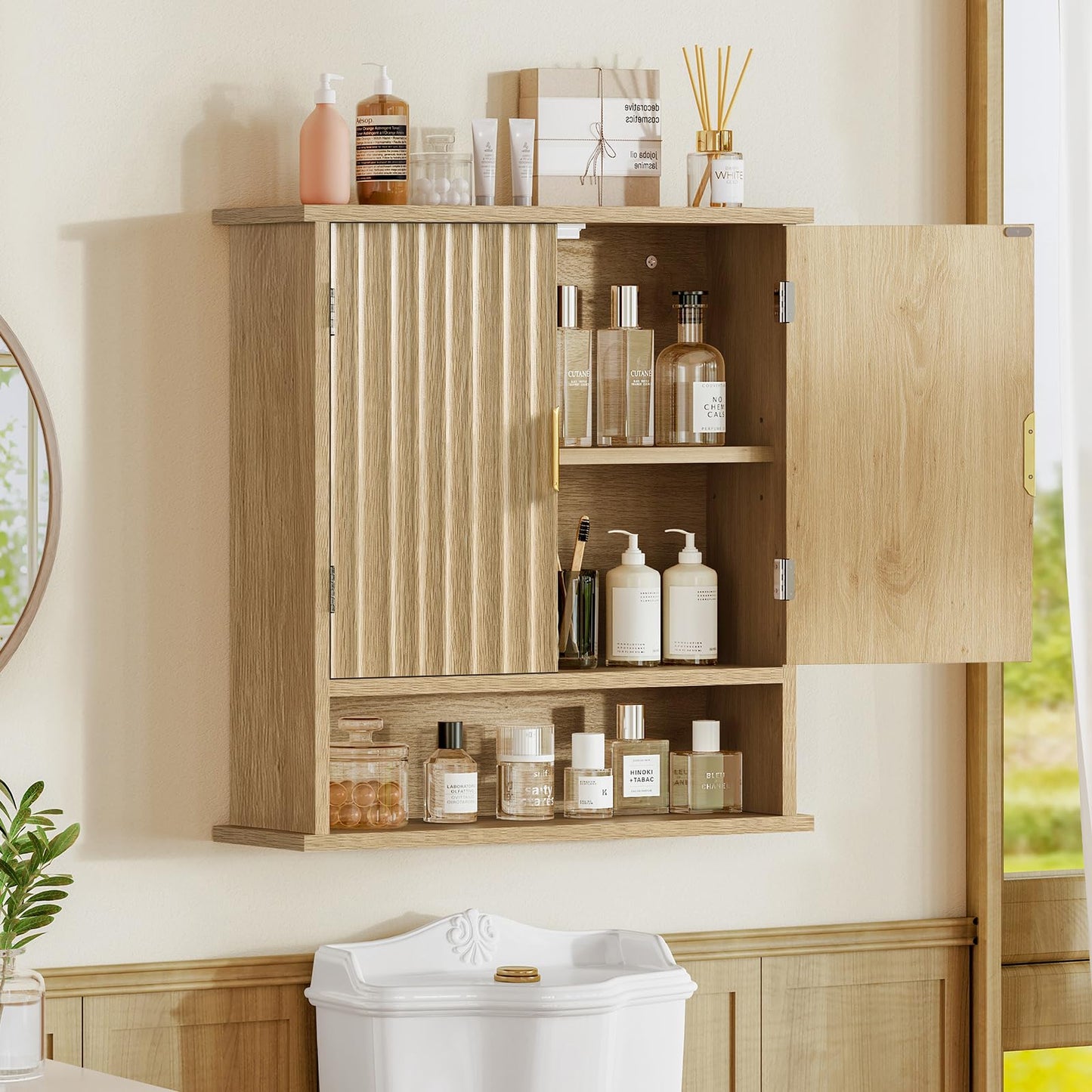 FIONESO Bathroom Wall Cabinet, Bathroom Storage Cabinet with 2 Barn Doors & Adjustable Shelf, Over The Toilet Wall Storage Cabinet, Medicine Cabinet, Laundry Cabinet, 13D x 55W x 60H cm, Natural