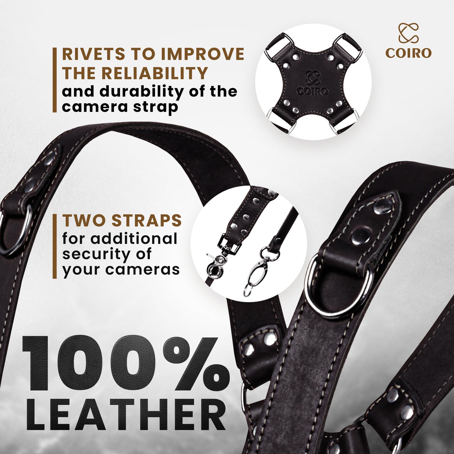 Camera Strap Accessories for Two-Cameras – Dual Shoulder Leather Harness – Multi Camera Gear for DSLR/SLR Black