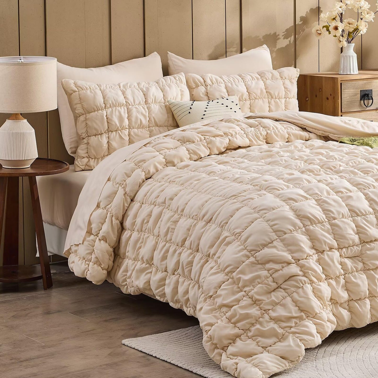 Jameswish Beige Comforter Set Queen Size Bed in A Bag 7 Piece Pinch Pleat Bedding Set,Pintuck Ruched Square Bed Set with Comforter, Sheets, Pillowcases & Shams