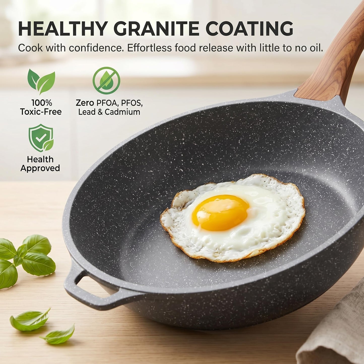 YASHE 12 Inch Nonstick Skillet with Lid, 5 QT Deep Frying Pan, Granite Non Stick Saute Pan with Helper Handle, Large Skillet for Family Meals, Induction Compatible All Stovetops, PFOA/PFOS Free