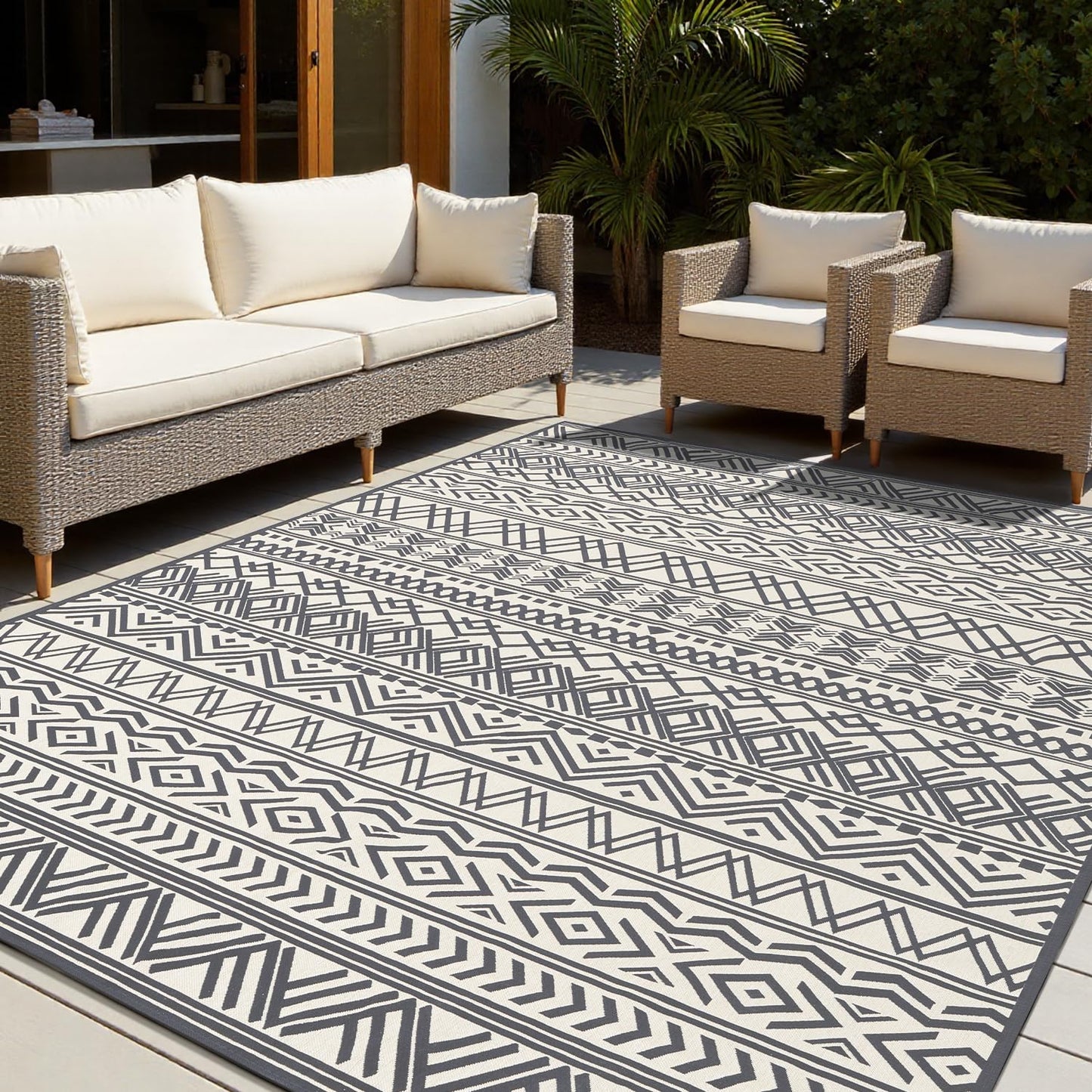 4x6 Outdoor Rug Braided Indoor Outdoor Rugs Carpet Non Slip Outdoor Patio Rug with Rubber Particles Backing, Boho Outdoor Area Rug for Patio Deck Porch Balcony Backyard Living Room, Blackish Grey