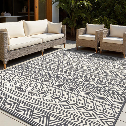 4x6 Outdoor Rug Braided Indoor Outdoor Rugs Carpet Non Slip Outdoor Patio Rug with Rubber Particles Backing, Boho Outdoor Area Rug for Patio Deck Porch Balcony Backyard Living Room, Blackish Grey
