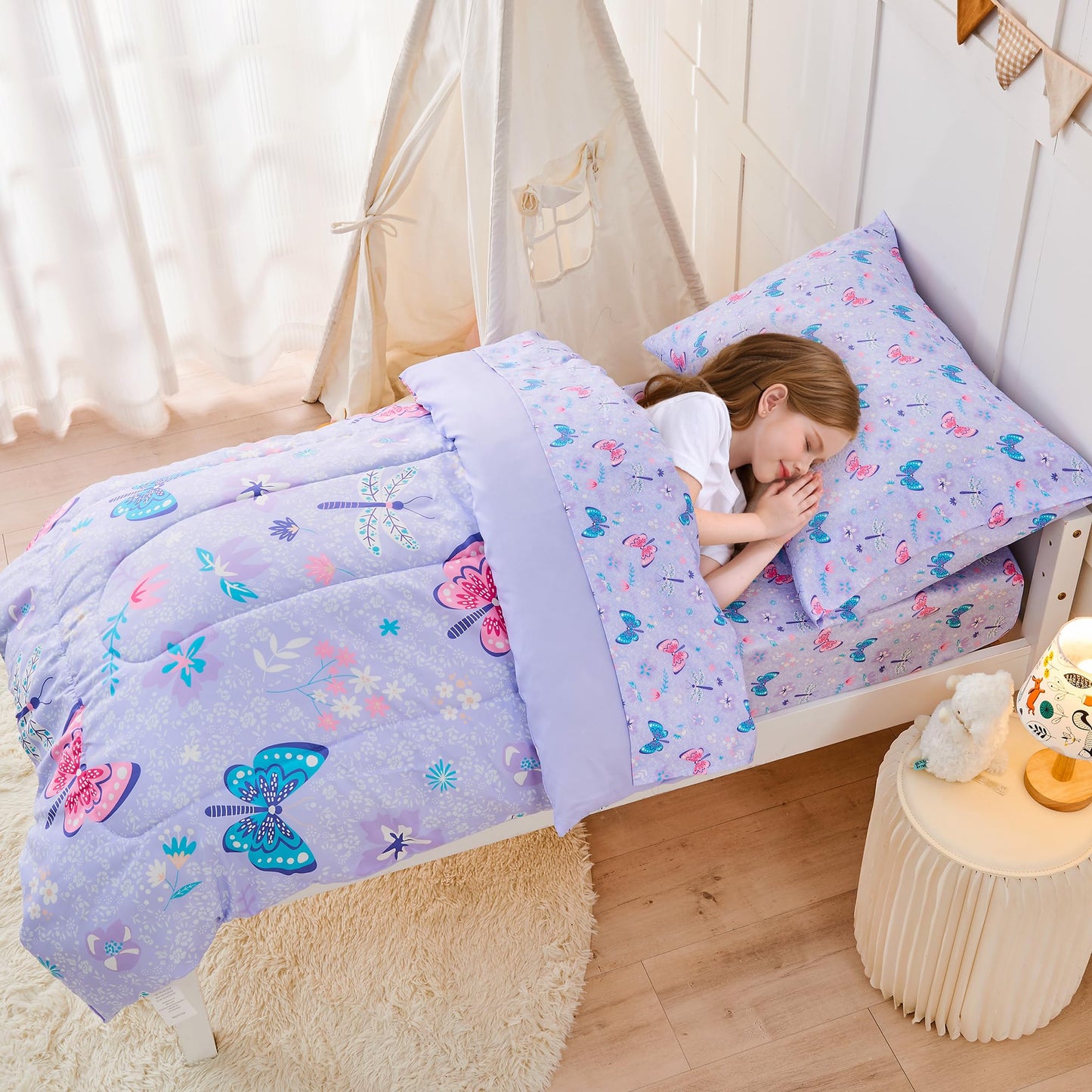 Lasoftan Butterfly Toddler Bedding Set for Girls, 4 Piece Bed-in-a-Bag Toddler Comforter Sets, Super Soft and Comfortable Microfiber Todeeler Bed Set