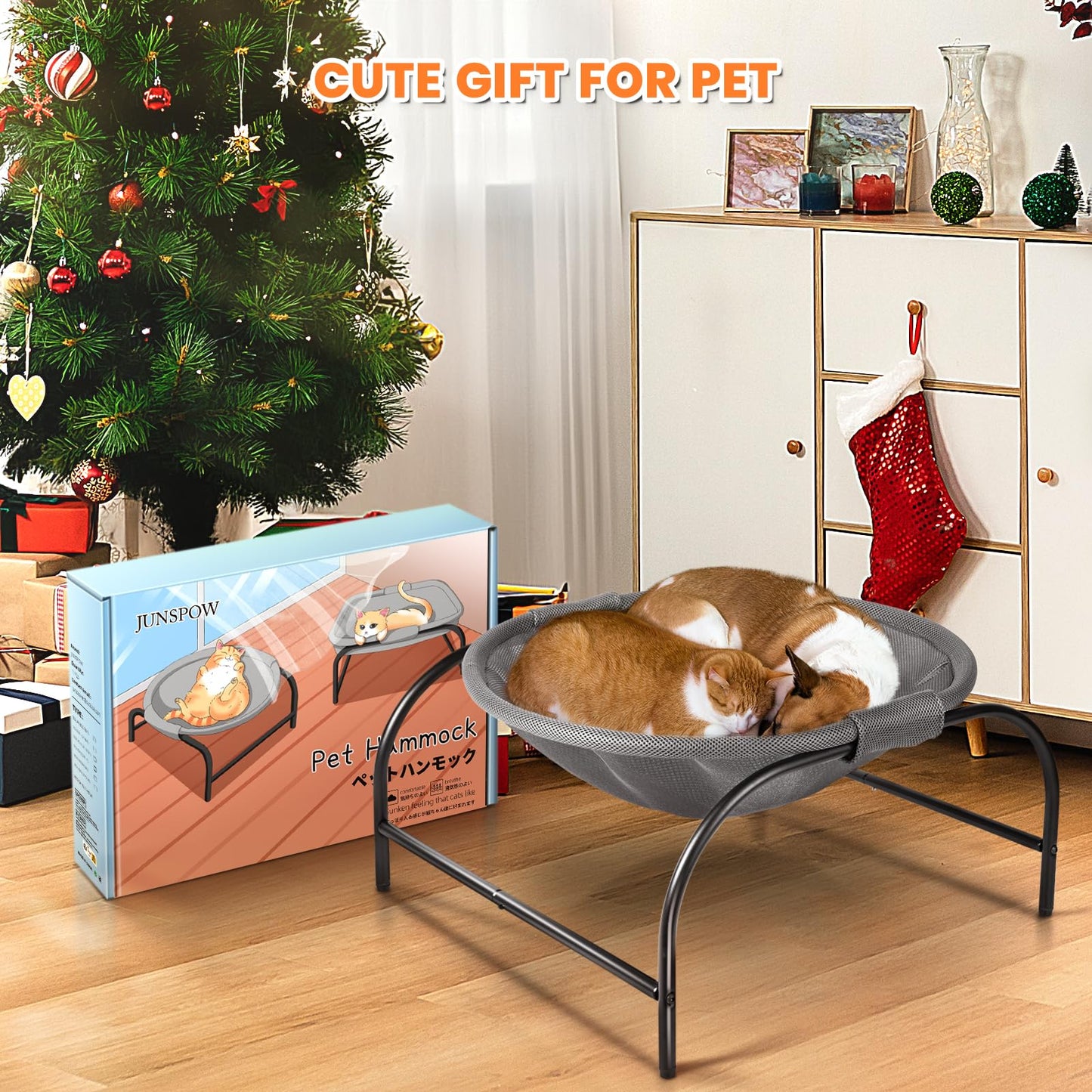 JUNSPOW Cat Bed Hammock (Large Size) Free-Standing Kitty Sleeping Cat Supplies Pet Supplies Whole Wash Stable & Breathable Easy Assembly Indoors Outdoors, 16.9 in x 16.9 in x 9.5 in