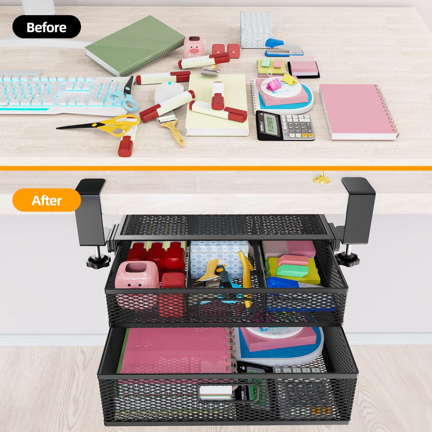 SEYHAKI Under Desk Drawer Organizer No Drilling Under Desk Storage Drawer Organizer Metal Under Desk Drawer Suitable for Home and Office(13 Inch)