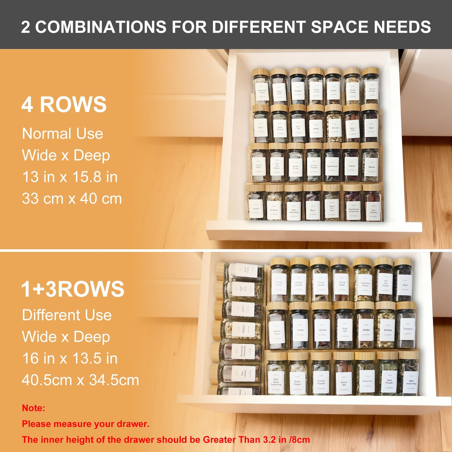 KitHero Spice Drawer Organizer with 28 Bamboo-lidded Spice Jars and 216 Labels,Non-slip Rubber, Bamboo 4 Tier Spice Racks Tray Seasoning Containers for Kitchen Drawers,Cabinets,13" Wide * 15.8" Deep