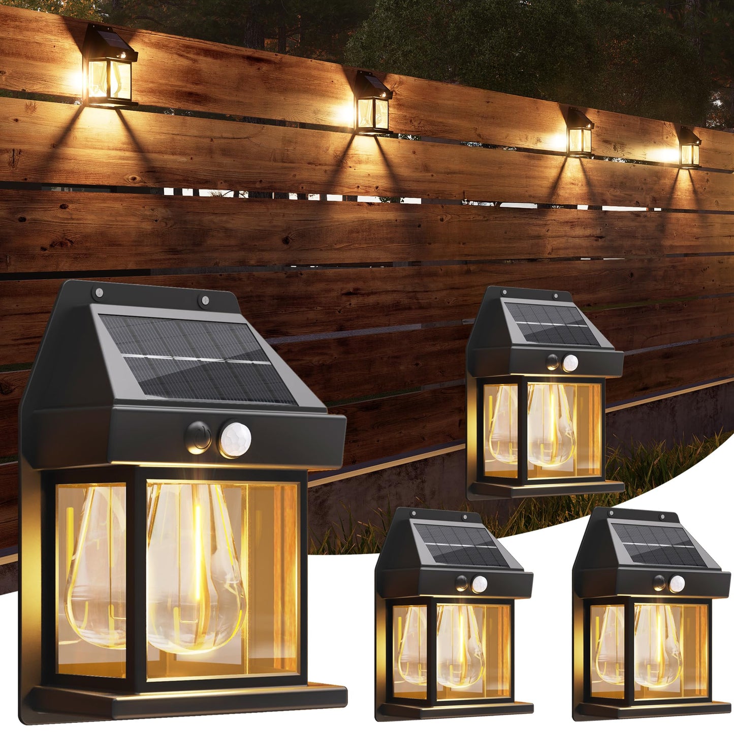 Jyoiat Outdoor Solar Wall Lights - 4 Pack Porch Wall Square Lights with 3 Modes & Motion Sensor Front Fence Lantern Lights for Outside,Backyard,Garage Decorative (4)