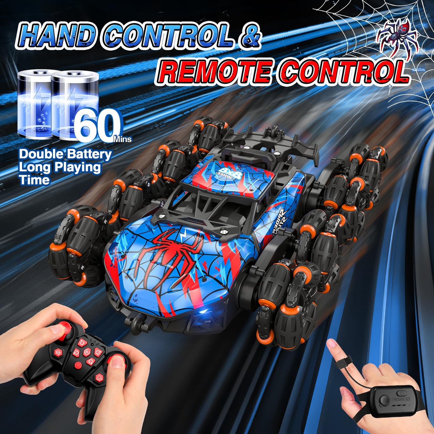 8WD Gesture Sensing RC Stunt Car with Spray & Light & Music for Kids Age 6-8-13, Spider Hand Remote Control Car 2.4Ghz Double-Sided Climbing Drift RC Car Toys Birthday Gift for Boys