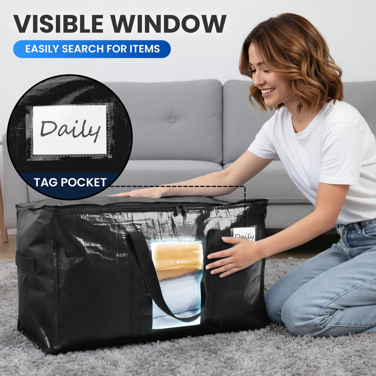 TAILI Extra Large Moving Bags, Heavy Duty Totes for Storage with Visible Window, U-Shaped Around Handles, Storage Contrainer Box for Space Saving, Black, 6 Pack