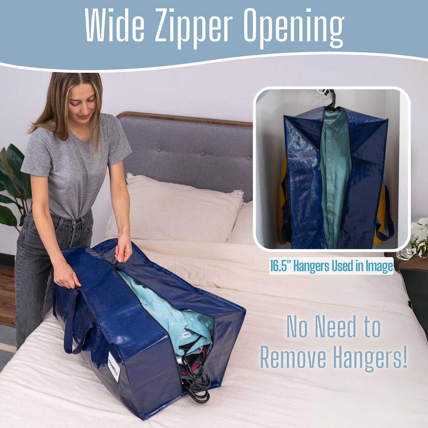 VENO Extra Large Moving Bags with Backpack Straps, Cloth Storage Tote Bag Container with Sturdy Zipper and Strong Handles Moving Supplies Boxes College Dorm, Traveling, Camping (Blue, 10 Pack)