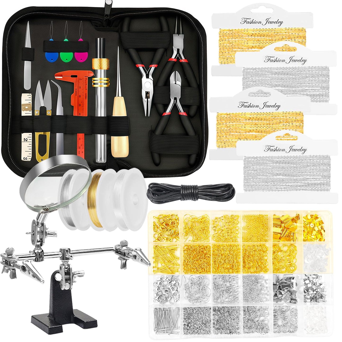 MONVICT Jewelry Making Supplies Kit with Tools, Findings, Chain, Wires, Magnifier, Carry Bag, Adults, 3730 Pieces, 2000 Pcs, Non-Foldable