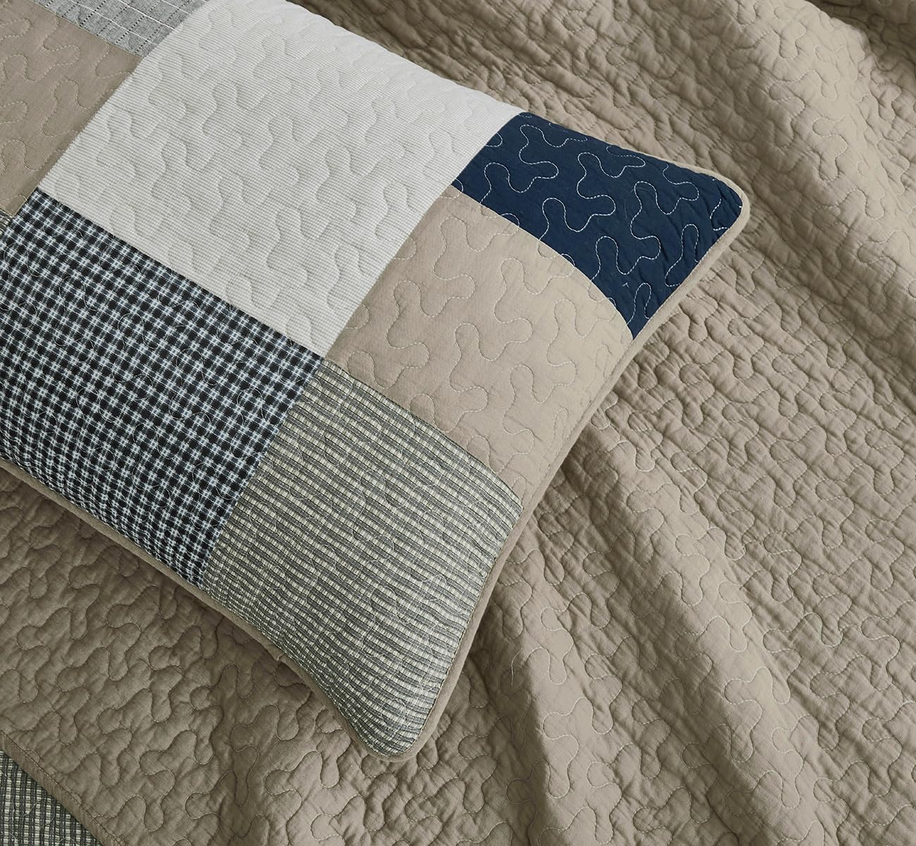 Chezmoi Collection Addy 3-Piece Navy Blue White Gray Taupe Plaid Patchwork Quilt Set - Pre-Washed Cotton Coverlet - Lightweight Reversible Bedspread, Queen Size