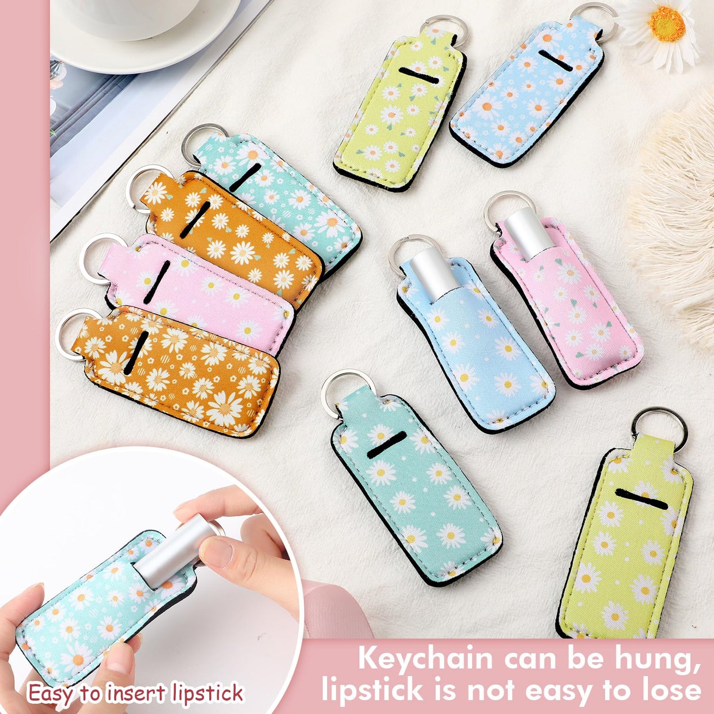 Ctosree 40 Pcs Colorful Daisy Theme Lipstick Holder Keychain Bulk with Portable Clip on Lip Gloss Sleeve Pouch Keychain Daisy Pocket Lip Balm Holder, 10 Pattern