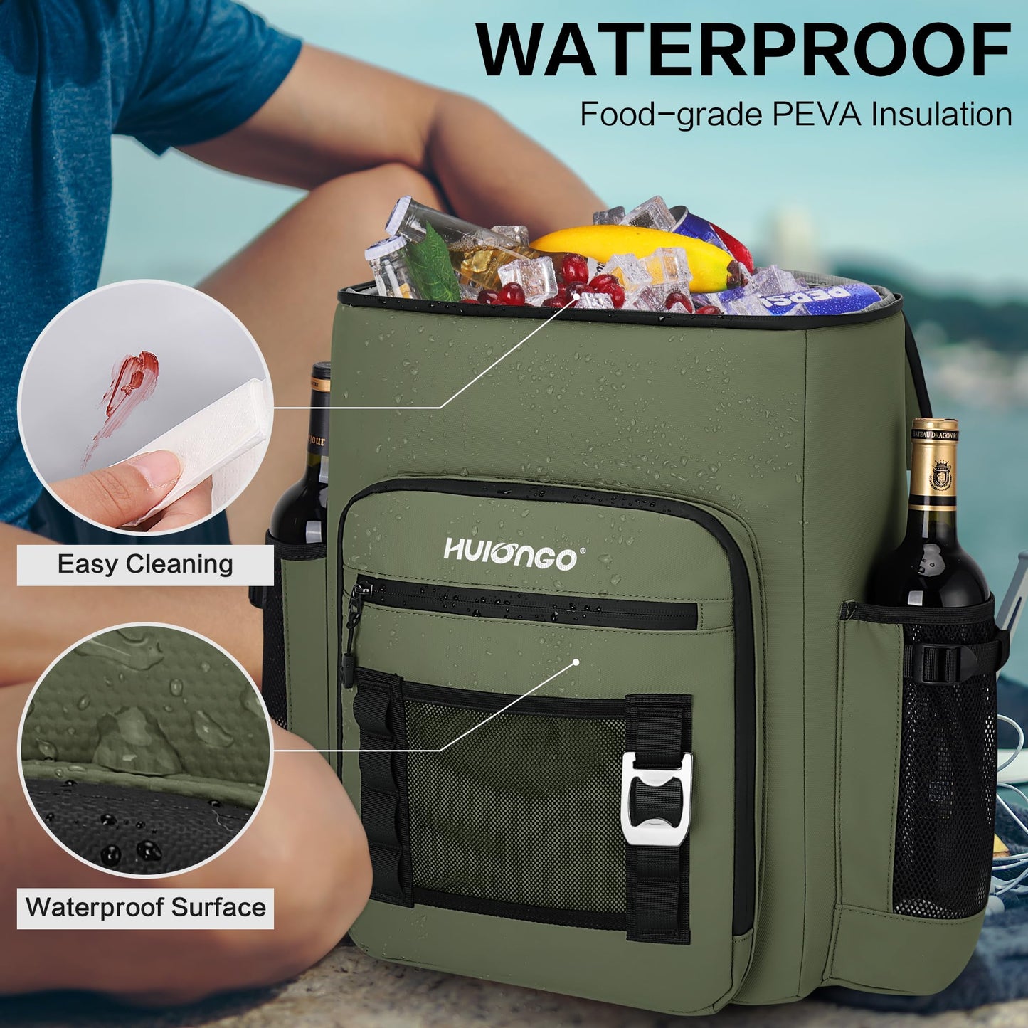 Hulongo Large 52cans Waterproof Insulated Cooler Backpack for Men & Women, Leak Proof Backpack Cooler, Soft, 8Gal (Army Green)
